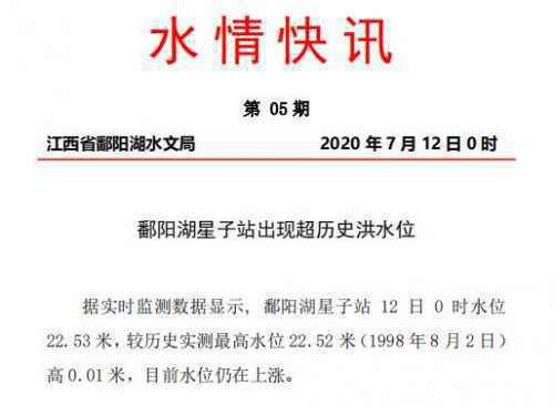 江西饶河鄱阳站水位超1998年水位13cm 目前水位仍在上涨中