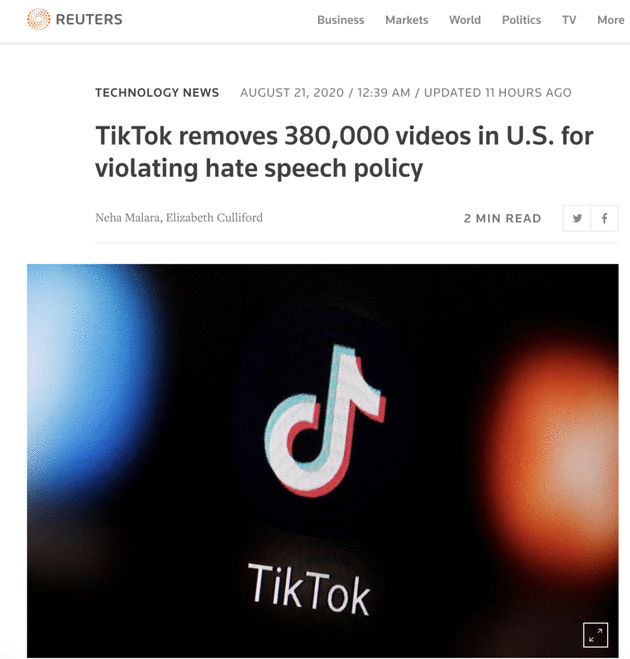 TikTok在美国删除38万条视频 封1300个账户