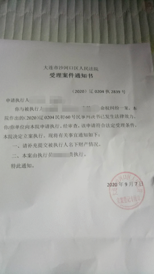 大连市沙河口区人民法院作出的受理案件通知书 受访者供图