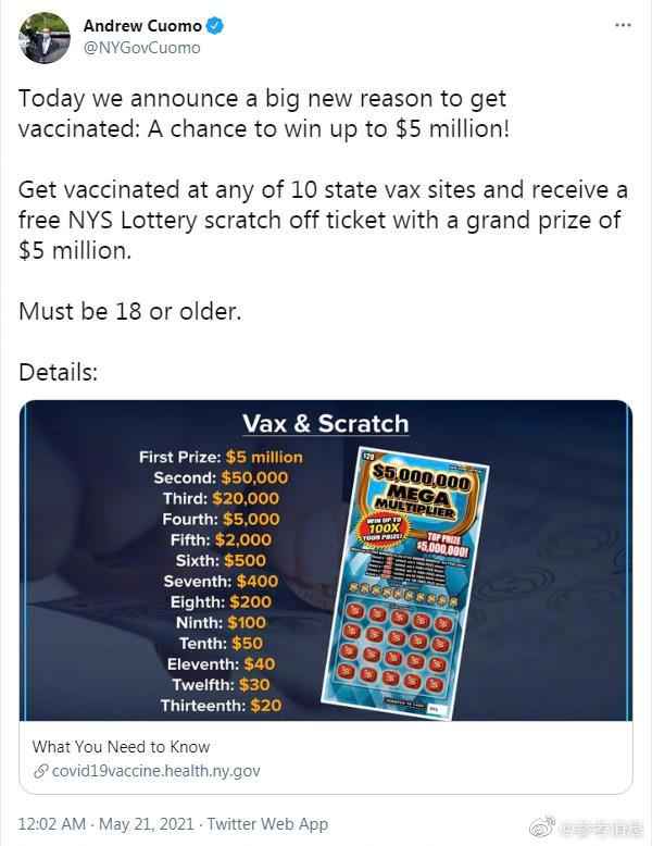 美国多地打新冠疫苗送彩票 奖金高达数百万美元