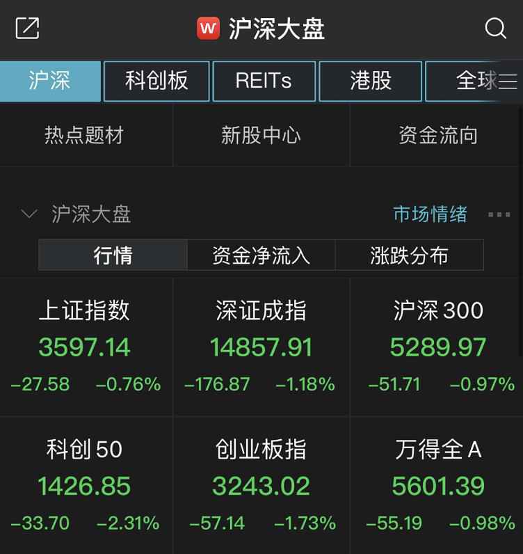 A股三大股指收跌创指跌近2%，超2800股飘绿