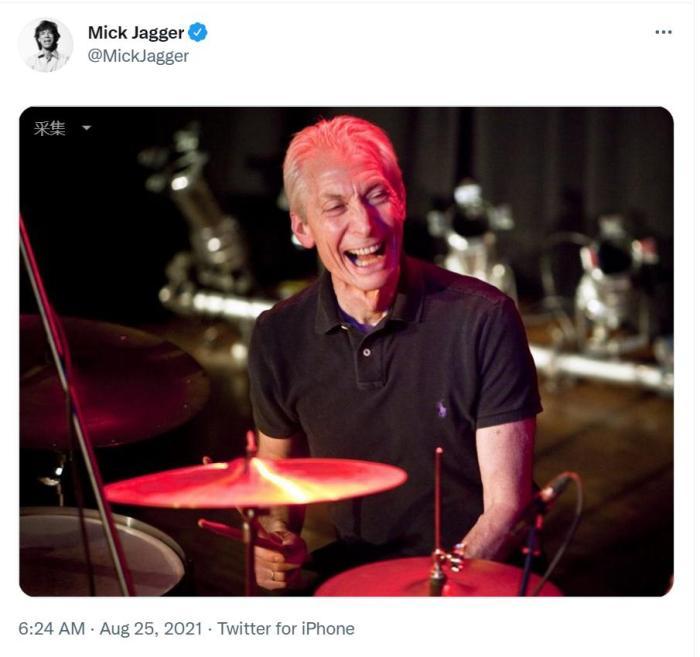 滚石乐队主唱米克·贾格尔 (Mick Jagger)发布了一张沃茨打鼓时的照片，向他致敬。(图片来源：社交网站截图)