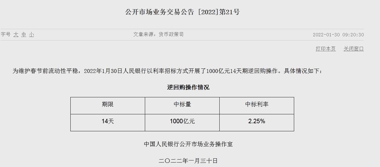 节前最后一次投放！央行开展1000亿逆回购操作